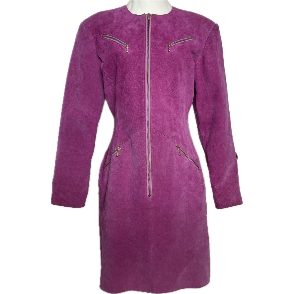 Vintage 80s Bagatelle Sport Pink Leather Midi Dress; Union Made in Canada; Sz 10